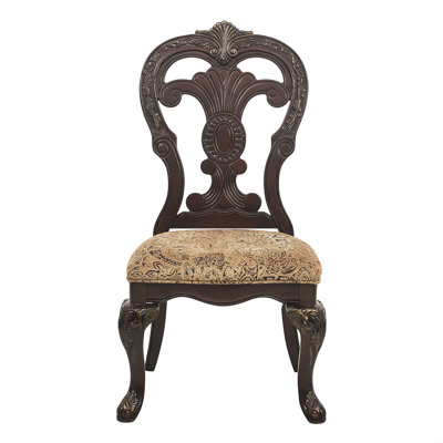Side Chairs 2Pc Set Cherry Finish With Gold Tipping Fabric Upholstered Traditional