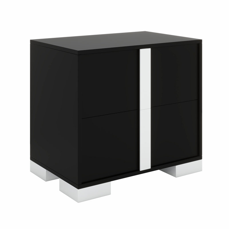 Table de chevet moderne à miroir avec 2 tiroirs de rangement et pieds en métal robustes, Noir