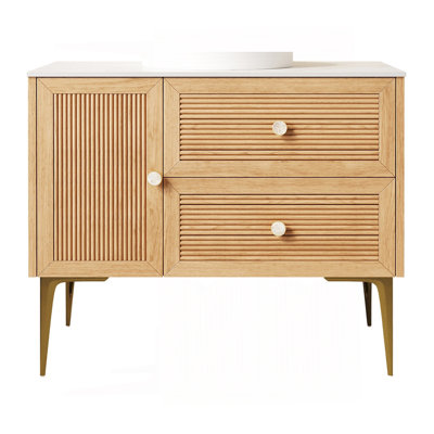 Armoire de salle de bain autoportante en contreplaqué de grain de bois clair de 36 po avec comptoir en pierre frittée blanc de Carrare, deux tiroirs et une porte, sans lavabo, sans robinet ni couvercle de lavabo