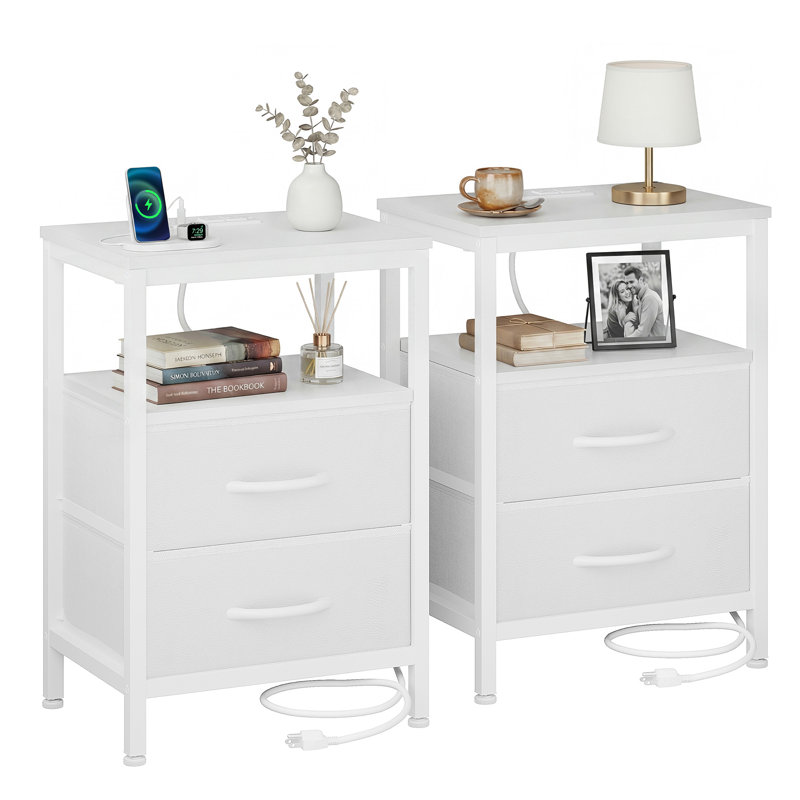 Table de chevet avec station de charge et 2 tiroirs en tissu, table de chevet avec ports et prises USB, table de bout avec tablette ouverte