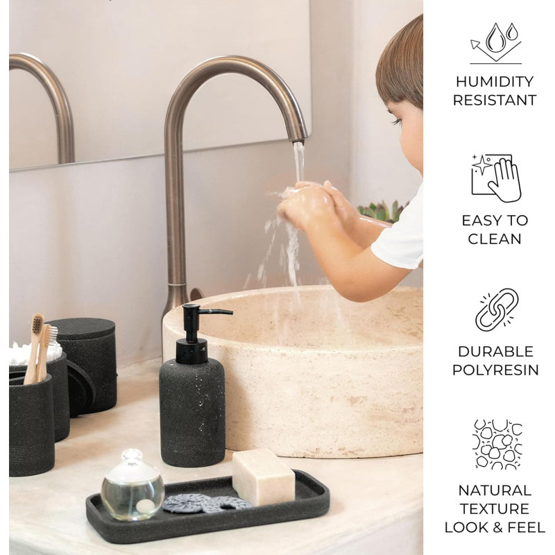 6-Piece Black Bathroom Accessory Set: Organiser, Toothbrush Holder, Soap Dispenser, Vanity Tray, 2 cotton swab Holders