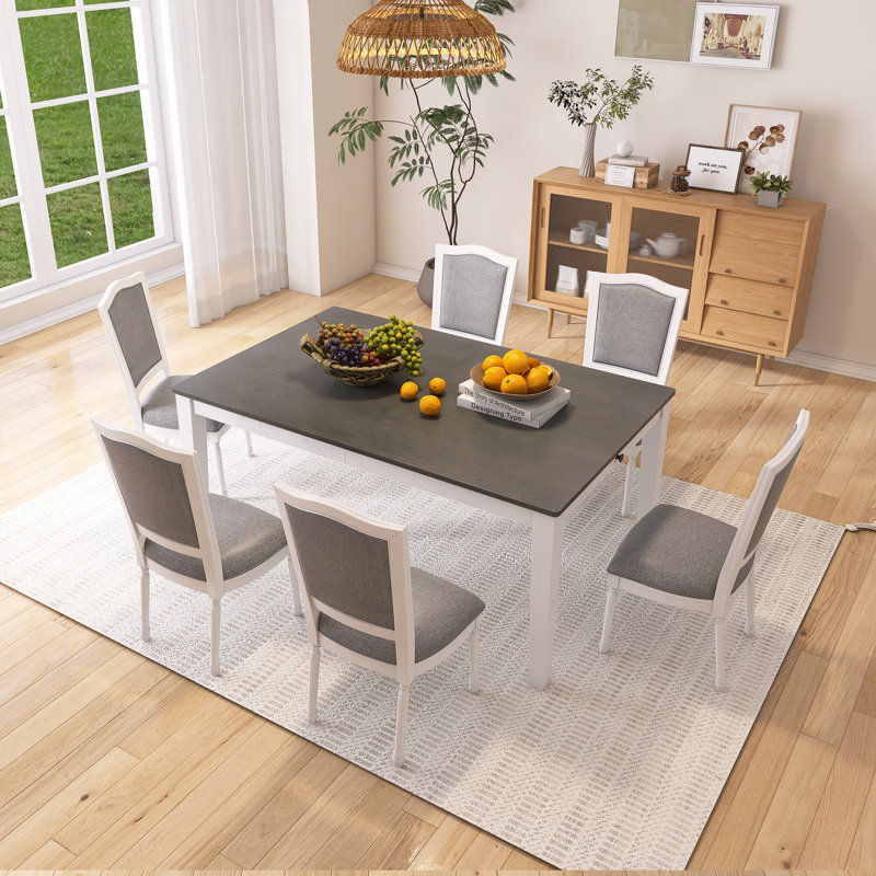 7-Piece Extendable Dining Table Set, White/Gray
