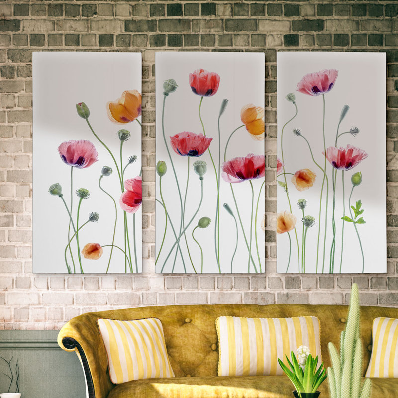 High Key Poppy Party - 3 pièces, reproduction d'art sur toile, H 24 po x l 48 po x P 1,5 po