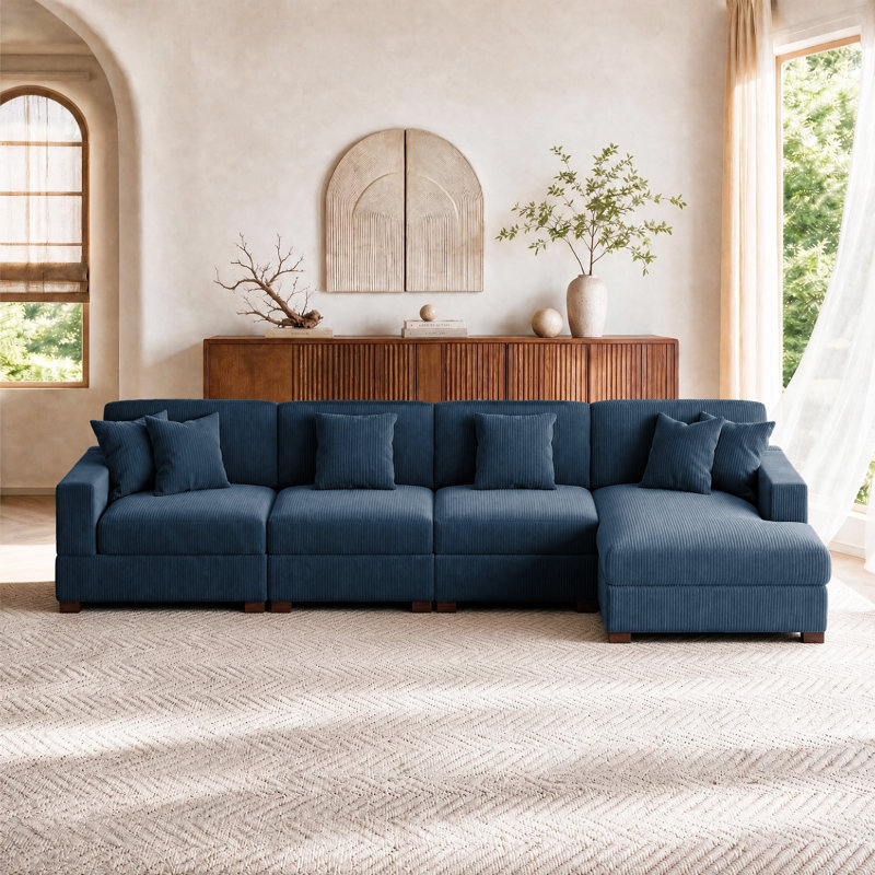 Canapé modulaire 4 pièces en velours côtelé, Velours côtelé bleu marine, H 33,2 po x l 150,8 po x P 63 po, Orienté à droite