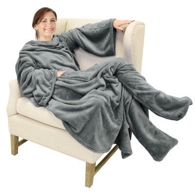 Wearable Fleece Blanket with Sleeves & Foot pockets for Men Women, Plush Wrap Sleeved Throw Blanket