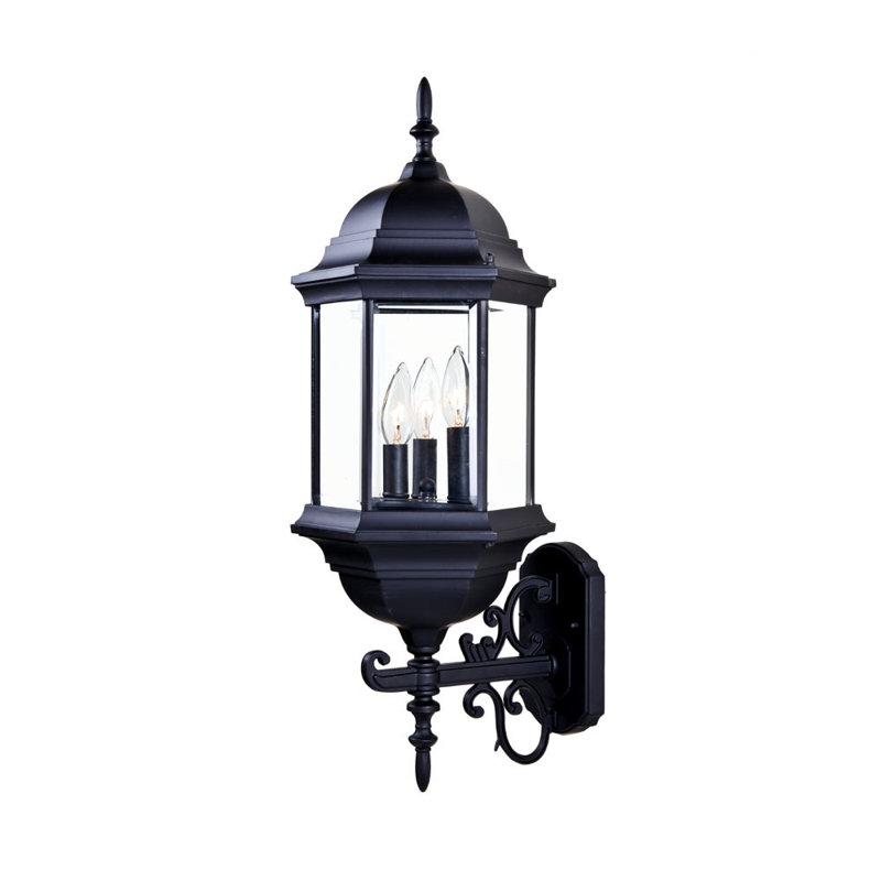Lanterne murale d'extérieur à 3 ampoules Pruitt, Noir mat, Verre biseauté transparent