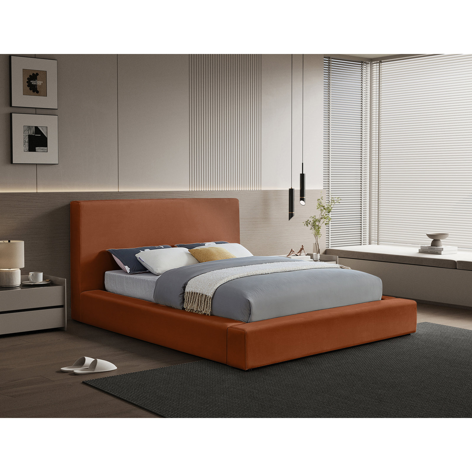 Ishia Upholstered Platform Bed, King, Cognac Velvet