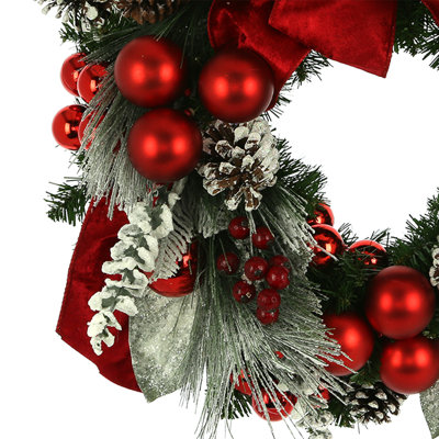 28" Snowy Holiday Wreath With Berries, Ornaments And Bows
