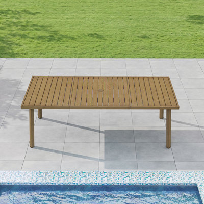 Table de jardin rectangulaire en aluminium à trois niveaux pour 8 personnes, avec trou pour parasol de 4 cm (1,57 pouce), idéale pour le jardin, la terrasse ou la piscine, couleur teck.