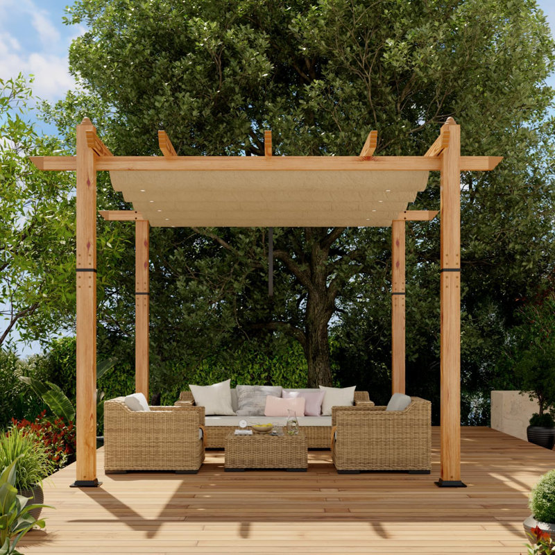 10x10 Retractable Pergola Aluminum Outdoor Pergola with Faux Wood Finish Retractable Canopy for Patio or Deck or Garden or Beach or Pavilion Wood and Khaki