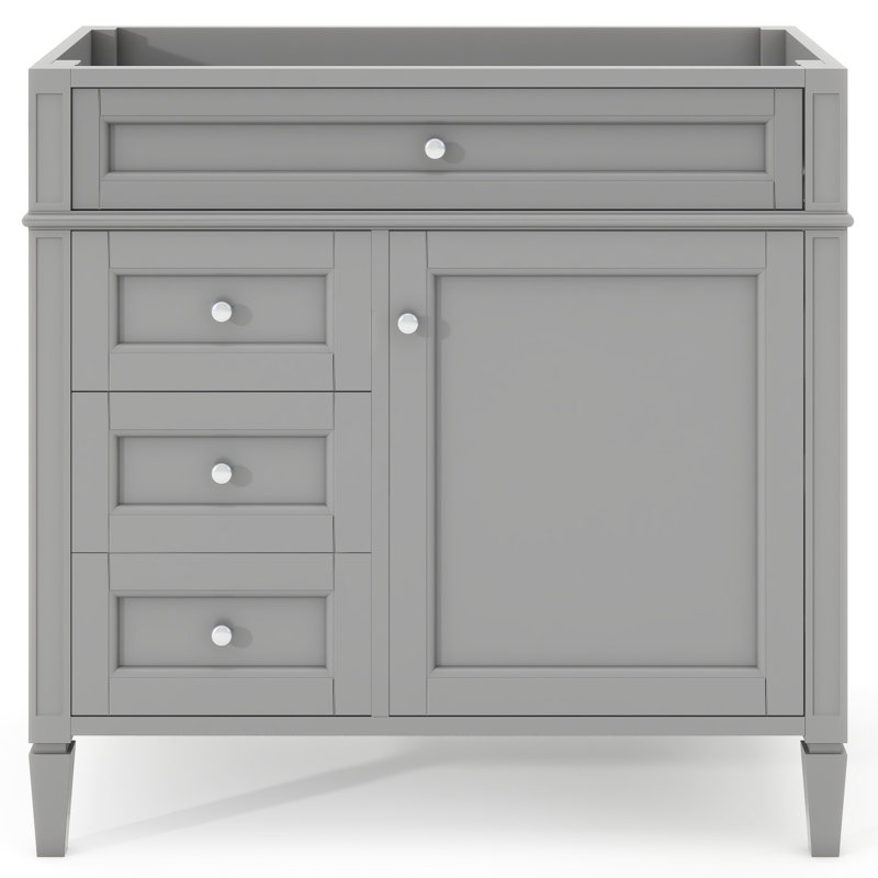 Armoire de salle de bain 36 po, minimaliste moderne avec 2 tiroirs et tiroir rabattable. Bois massif et gris. Étagère ajustable H 33 po x l 18 po, rangement dissimulé. Poignée rétro. Style caché facile à construire