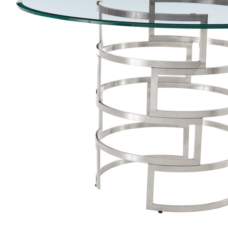 Deatsville Contemporary 48" Round Dining Table with Metal Base and Glass Top, Silver