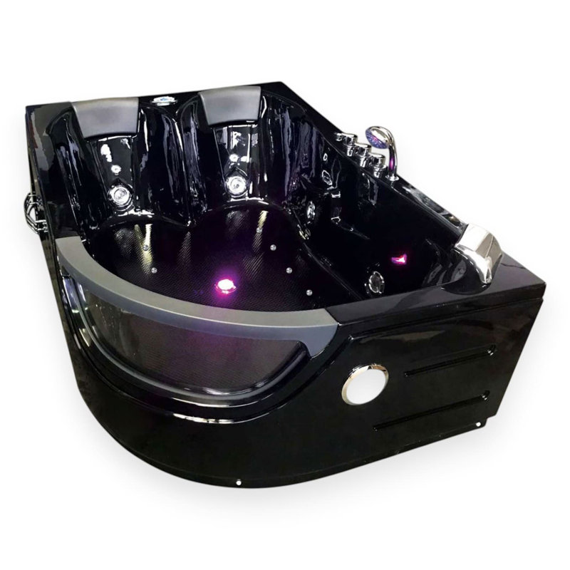PEGASO 71" x 47" 2-Person Black Whirlpool Bathtub with Dual Pump & Heater