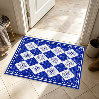 Tapis Royal Blue Southwestern Diamond - facile à nettoyer, lavable à la machine, doux et confortable; convient aux tapis de porte, aux cuisines, aux salons, aux chambres à coucher, aux couloirs et aux buanderies. Tapis facile à nettoyer et durable pour la décoration intérieure.