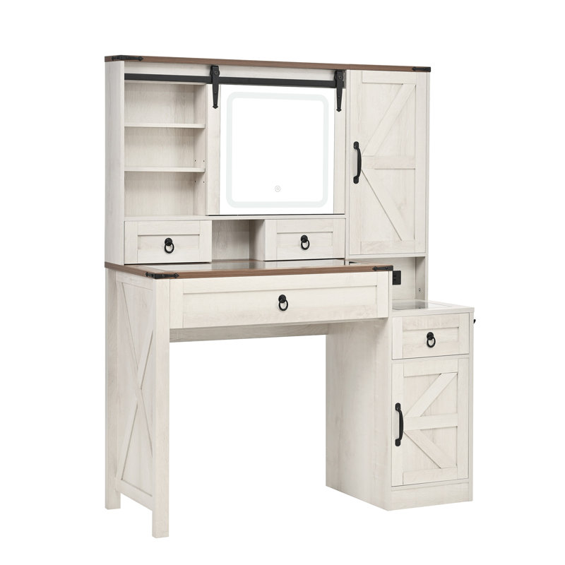 Farmhouse Vanity Desk With Sliding Mirror And Lights, Vanity Set With Glass Top And Charging Station ,Dressing Table With 4 Drawers And 2 Cabinets, Dressing Table With Stool For Bedroom