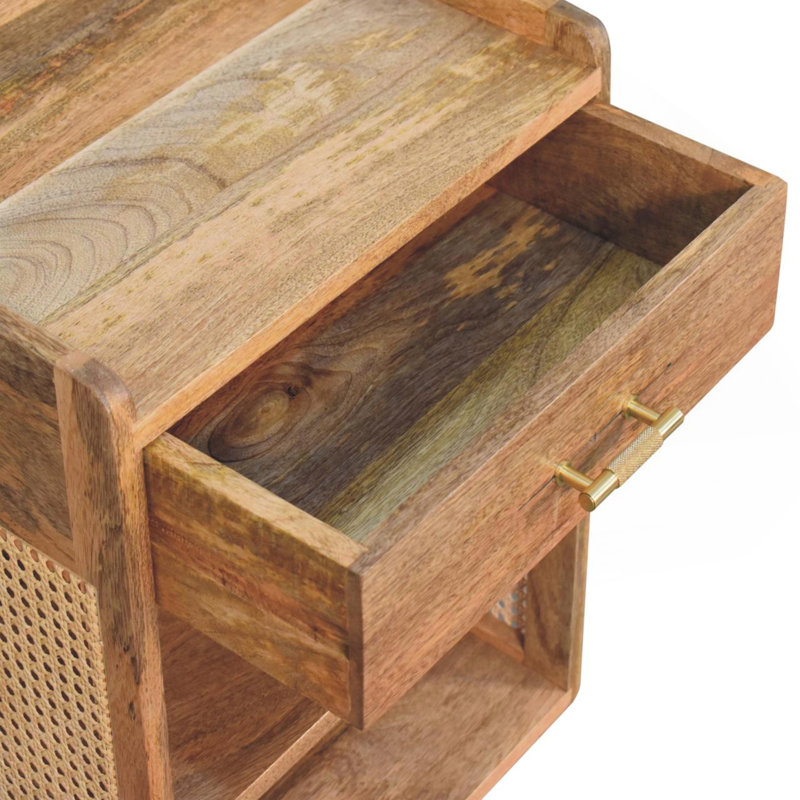 Table de chevet en bois en bois à 1 tiroir et 2 fentes ouvertes brun clair