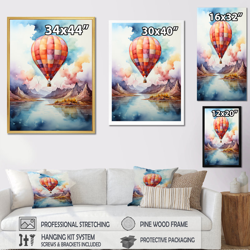 Aquarelle, montgolfière, montagne, merveilles, Toile tendue, H 32 po x l 16 po x P 1 po