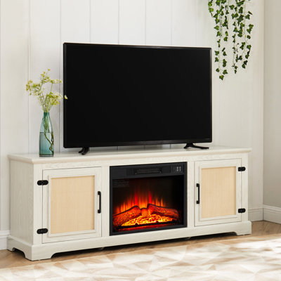 Bureau de télévision moderne avec portes et 4777 pieds de cheminée avec garniture de 23 po, pouvant accueillir des téléviseurs de 70 po, finition blanche
