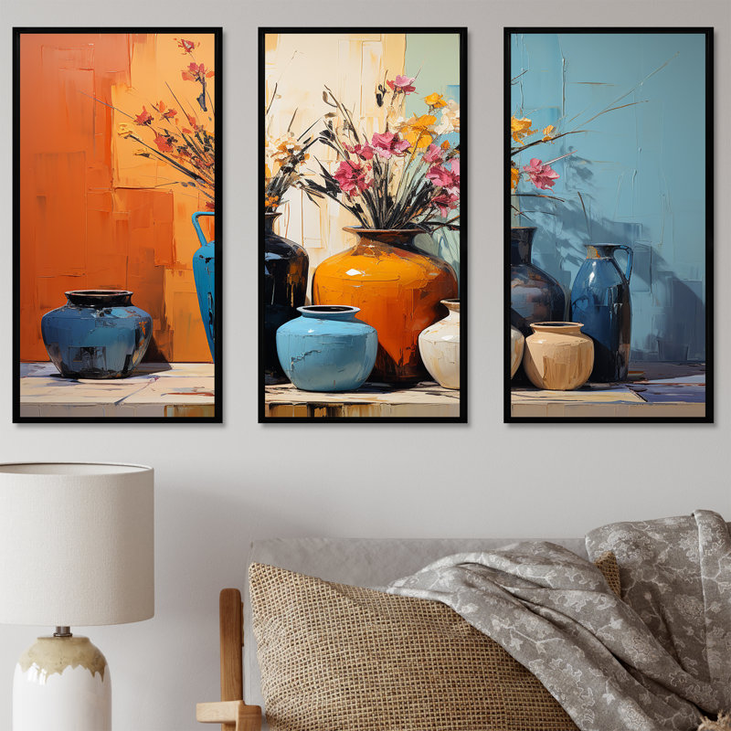 «Blue Italian Pottery Expressions - Boho Pottery», art mural, Cadre flottant noir, H 32 po x l 48 po x P 1 po