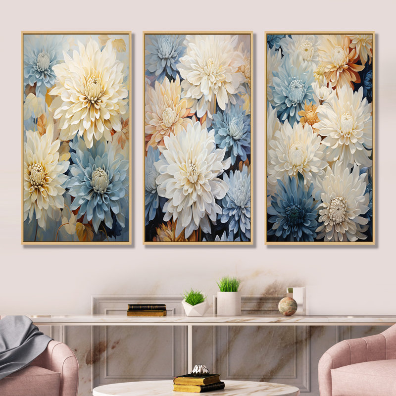 «White and Blue Mums Fragrant Elegance», ensemble de 3 reproductions d'art sur toile, Cadre flottant brun, H 32 po x l 48 po