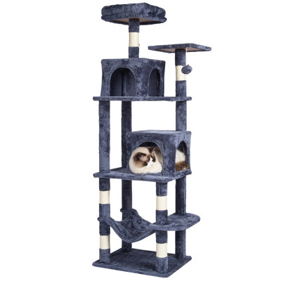 Arbre à chat pour chats d'intérieur, tour à chat de 160 cm avec 2 niches, griffoir en sisal, hamac, perchoir supérieur, plateformes de saut, grand centre d'activités avec balle suspendue, gris foncé