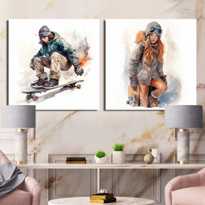 Skateboarder Charm In Winter - Skating Square Collage Set Of 2