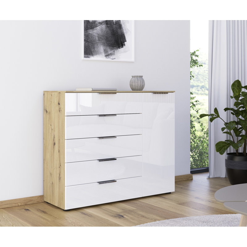 Flipp 5 - Drawer Chest of Drawers, Artisan Oak/White Glass