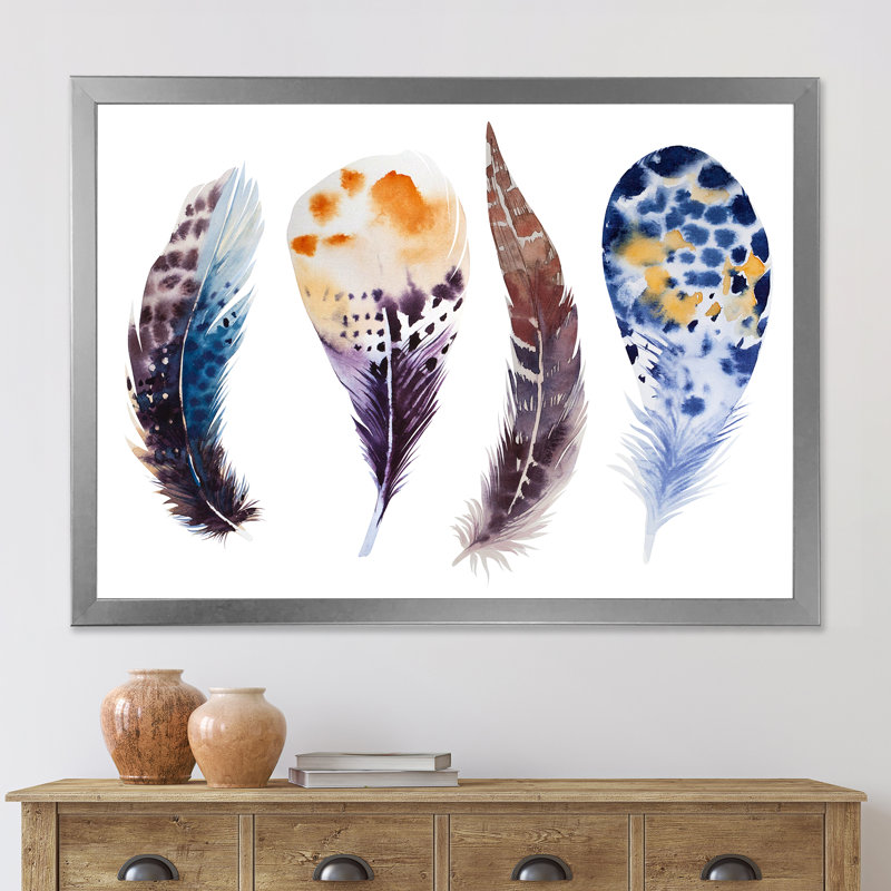 Ensemble de plumes colorées Boho - peinture sur toile encadrée, H 16 po x l 32 po x p 1 po, Encadrement argenté