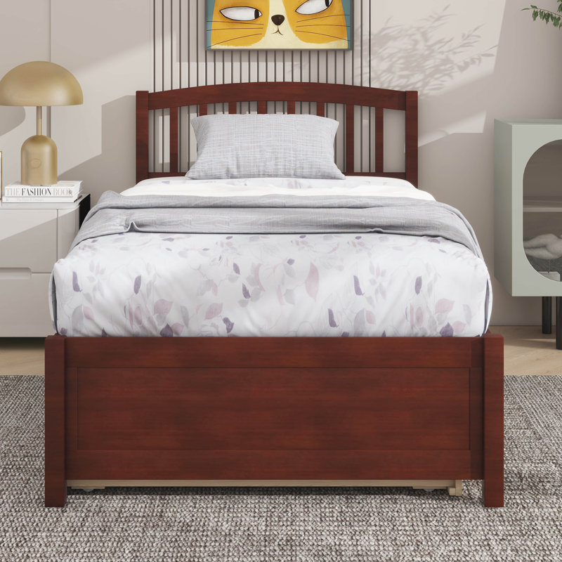Sturdy Twin Platform Wood Bed Frame With Trundle, Walnut
