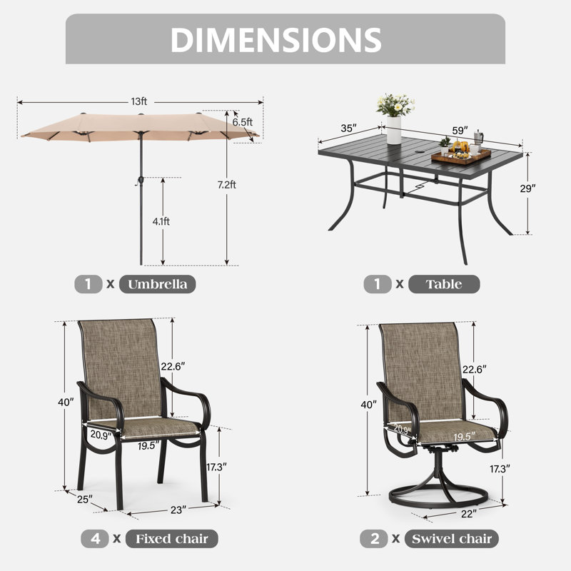 Ensemble de table de salle à manger d'extérieur 7 pièces avec parasol, Beige