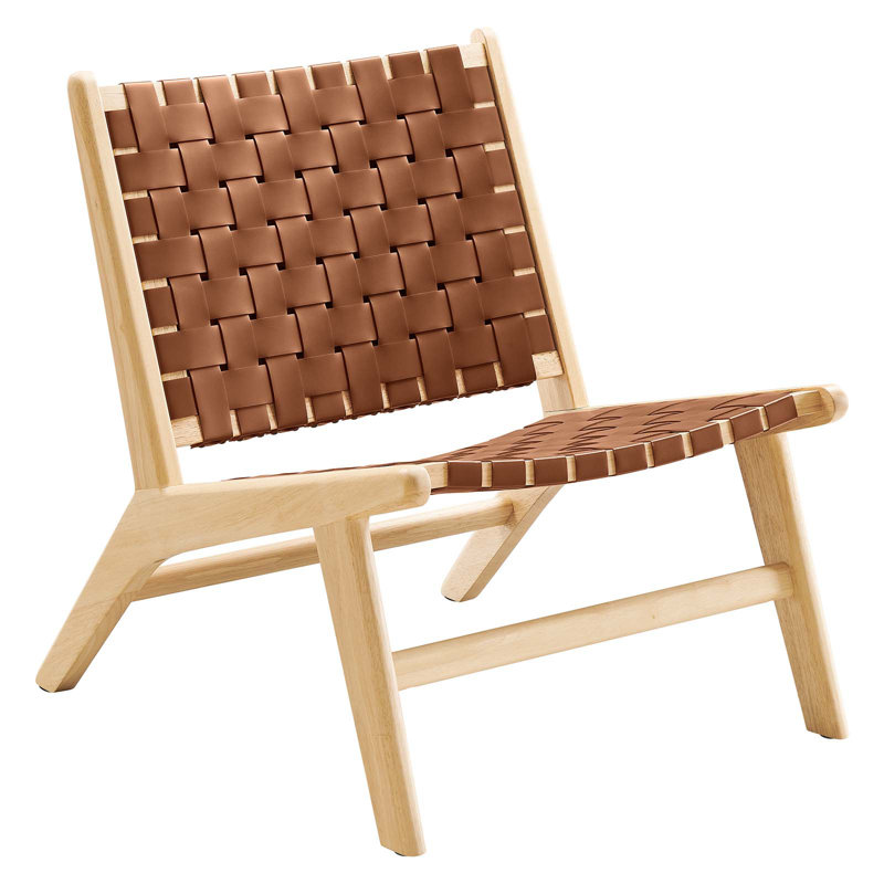 Saoirse Faux Leather Wood Accent Lounge Chair, Natural, Brown Faux Leather