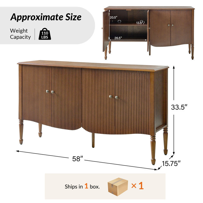Buffet incurvé à 4 portes avec gestion des câbles Martha Transitional, Noyer