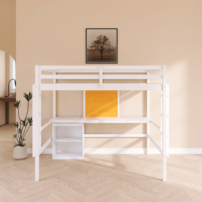 Lit mezzanine en bois avec tableau d'écriture, Blanc, Double