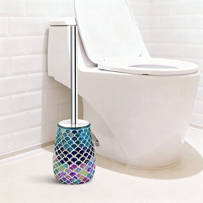 Modern Toilet Brush and Holder Set, Natural Shell Mosaic Glass, Non-Rustic Stainless Steel, (Mermaid)