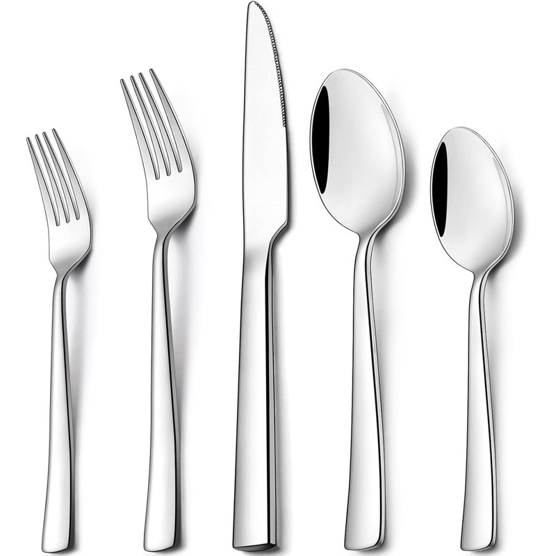 Service de couverts 60 pièces en acier inoxydable 60 pièces pour 12 personnes, couverts carrés modernes avec poli miroir, argenterie allant au lave-vaisselle pour les repas quotidiens