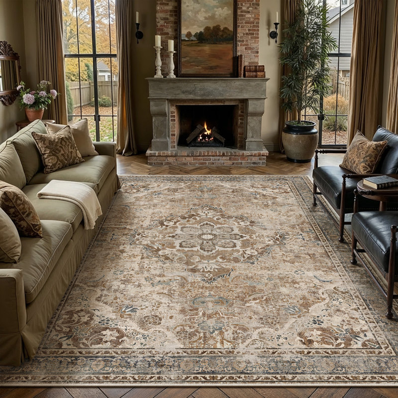 Eleanor Vintage Oriental Washable Area Rug With Non-Slip Backing, Brown, Rectangle 9' x 12'