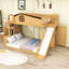 Lit superposé simple au-dessus d'un lit double en bois avec glissade, escalier de rangement et garde-robe-722216765