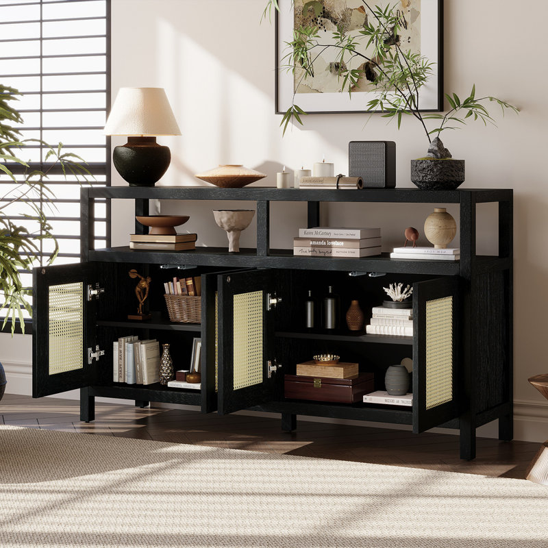 Buffet avec tablettes réglables et portes à pousser, armoire en bois naturel, Noir