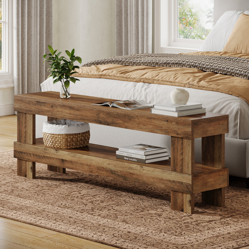59" W Entryway Bench with Shelf, Wood Accent Bench Seating for Hallway, Entryway, Living Room, Foyer, Bedroom, Dining Room