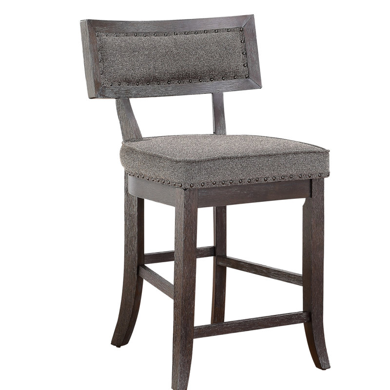 2 chaises de hauteur comptoir rustique en cerisier foncé, structure en bois, siège rembourré en tissu et garniture cloutée pour chaise de salle à manger à la maison, bois fini, avec cuisine