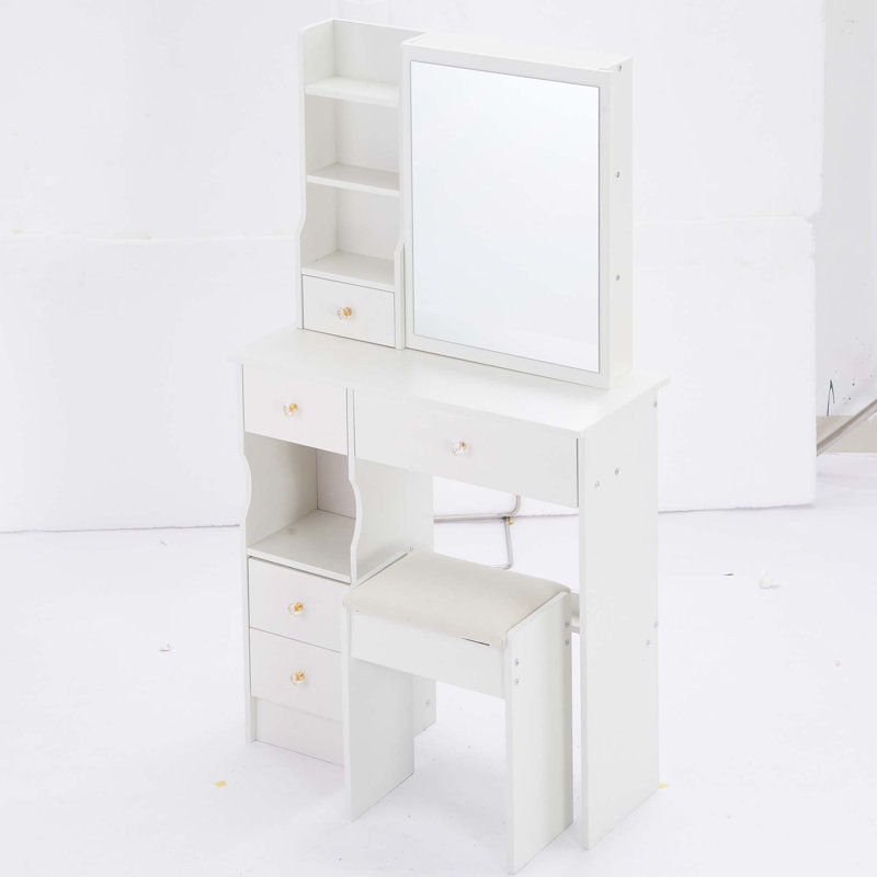 29.2" Small Space Left Drawer Desktop Vanity Table + Cushioned Stool, Extra Large Right Sliding Mirror, Multi Layer High Capacity Storage, Practical Fashionable Dresser, Suitable For Small Space