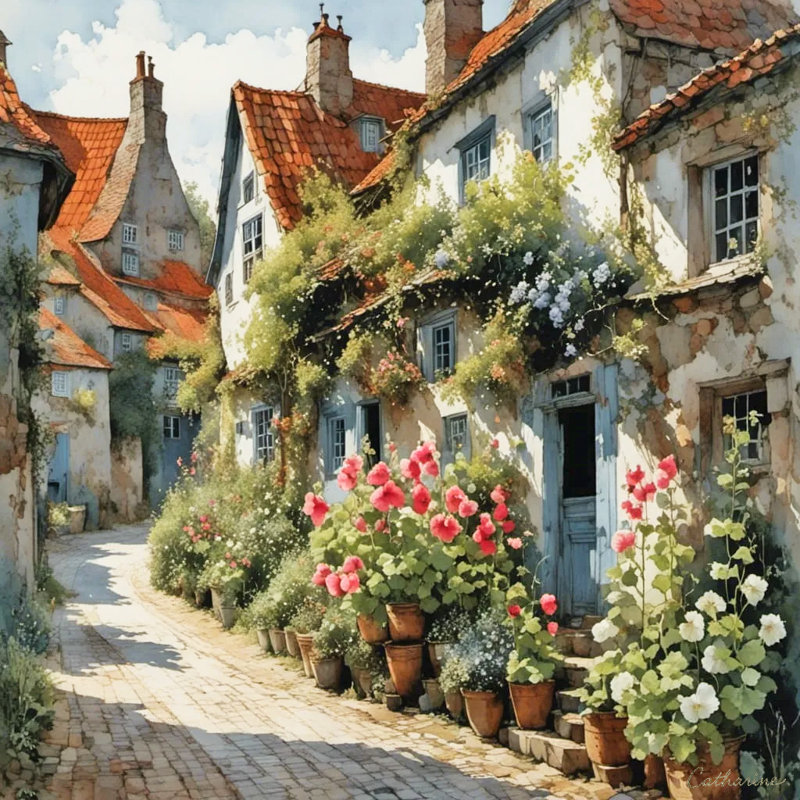 «Sunlit Hollyhocks Lane» - Art rétro sur toile à motif floral de village, H 30 po x l 30 po