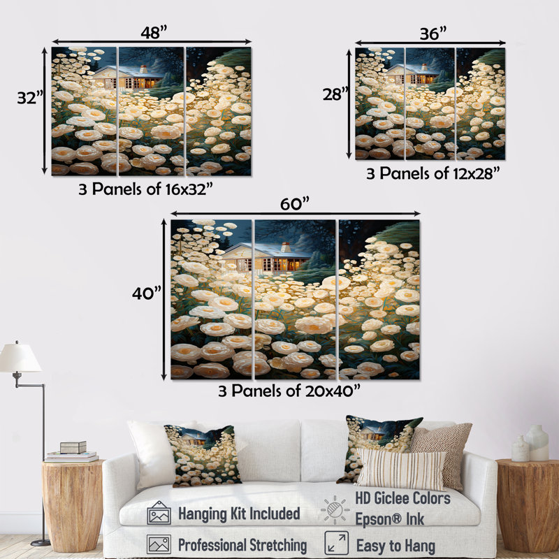 «White Blossoming Flowers Country House», ensemble de décorations murales paysage, Toile tendue, H 40 po x l 60 po x P 1 po