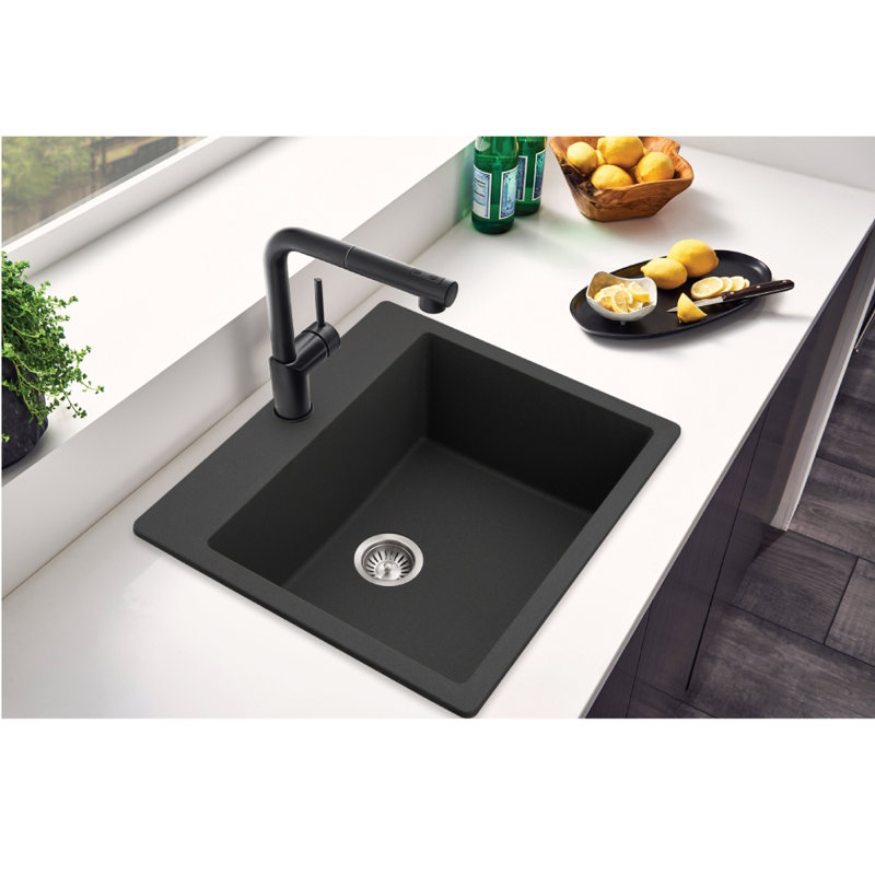 Houzer Quartztone 25 in Granite Composite Topmount Single Bowl Kitchen Sink, Midnite