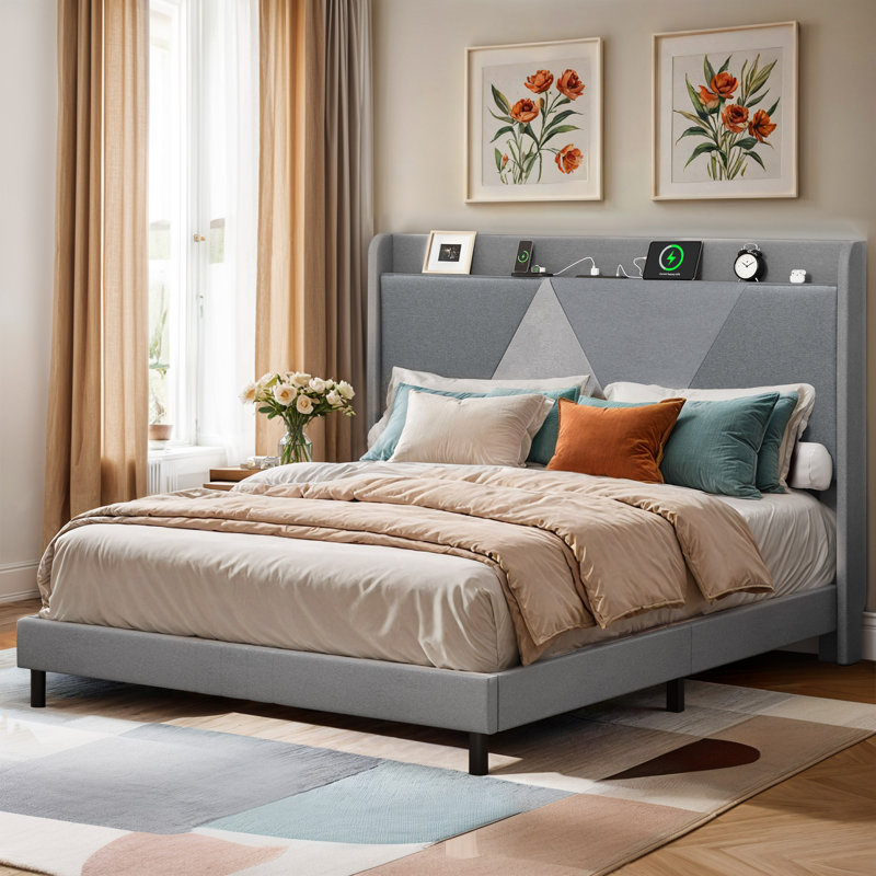 Gibram Upholstered Wingback Bed, Queen, Gray
