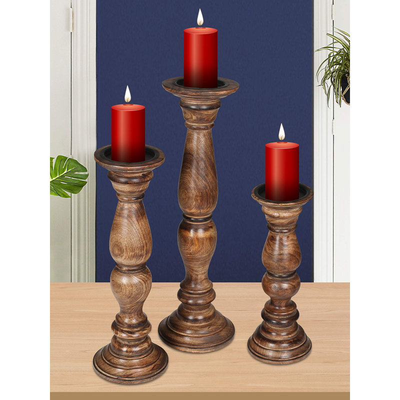 Ensemble de 3 bougeoirs en bois rustique