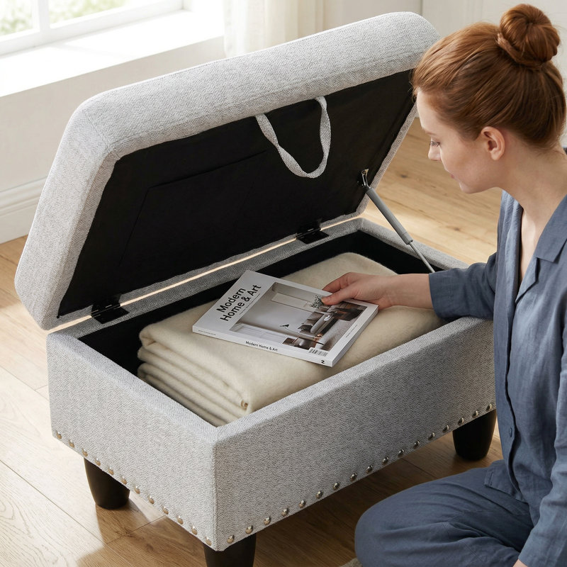 Grey White Storage Footstool With Copper Plated Nails Decorated With Wear-resistant Fabric And Solid Wood Frame, Light Gray