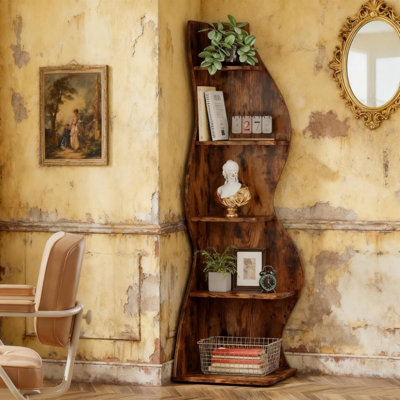 Bibliothèque d'angle murale à 5 niveaux pour salon, tablette de rangement avec support à plantes
