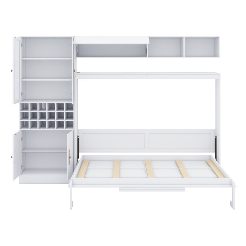 Lit escamotable mural avec canapé, tablettes USB et lumière Murphy, Blanc, Grand
