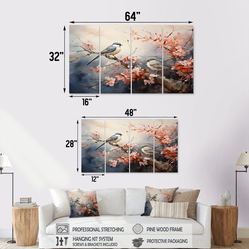 «Pink and Blue Birds on Blossom Tree II», art mural 4 pièces, H 28 po x l 48 po